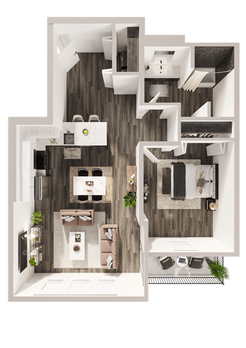 Floor plan for 1 bed, 1 bath, 970 sqft